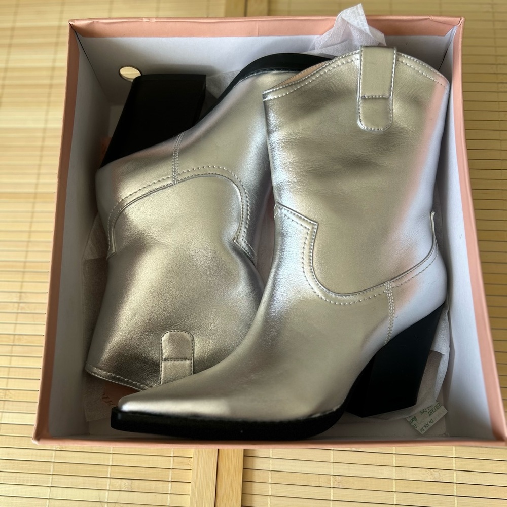 LOIRIT Women's Cowgirl Boots Silver Mid Calf Chunky Heel - Picture 3 of 9